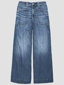 Blue High Waist Straight Leg Jeans For Women, Elastic Skinny Loose Wide Leg Dragging Pants, Autumn/Winter Casual Spring - Dusty Blue - View 5