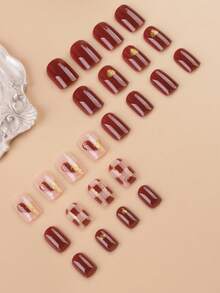 24入組短方形極簡風格印花假指甲套裝，含1支指甲文件和1支果凍膠壓縮假指甲，美甲用品 - 彩色 - 查看 4