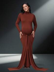 JustVH Maternity Ruched Lace-Up Bodycon High Neck Maxi Dress For Baby Shower Party Photoshoot Prop