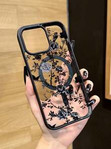 1pc New Creative Black Magnetic Shadow Forest Peony Pattern Unique Phone Case Compatible With Apple Series 16 Pro Max, 11/12/13/14 Plus, XR, 7/8 Plus, 15 Pro Max, And Series.Christmas Accessories. - 黑色 - 查看 2