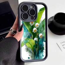 Cubierta de telefono con borde negro diseño acuarela flores blancas y hojas verdes para iPhone 14 Pro Max protector resistente al agua estilo natural elegante para uso diario y trabajo - Negro - Ver 1
