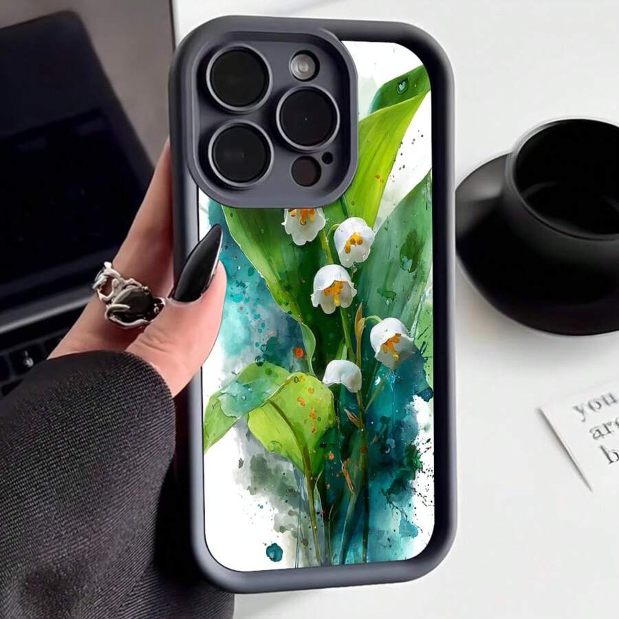 Cubierta de telefono con borde negro diseño acuarela flores blancas y hojas verdes para iPhone 14 Pro Max protector resistente al agua estilo natural elegante para uso diario y trabajo - Negro - Ver 1