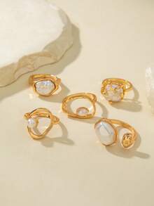 imoli 5pcs/Set Minimalist Chic Alloy Geometric Faux Pearl Inlaid Unique Design Women Jewelry Ring Set, Suitable For All Seasons Wear, Dating, Party, Gift - Multicolor - View 7
