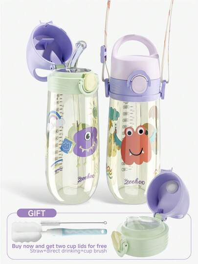 Children's Water Cup PPSU Baby Bottle Material Comes With Dual Lids (Straw/Direct Drinking) Multiple Leak-Proof Features High Temperature Resistance Lightweight Shatterproof Odorless With Cute Little Monster Patterns