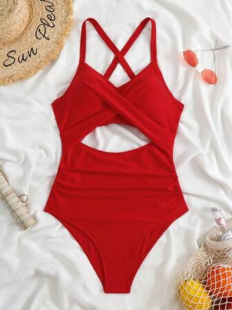 1pc Elegant Solid Color Knit Fabric Twist Back Criss-Cross Swimsuit For Women, Vacation & Beach, Summer