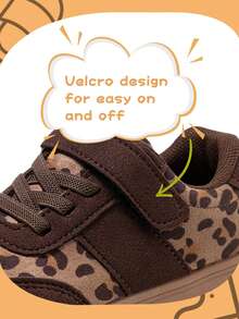 1双复古豹纹女童运动鞋，低帮，魔术贴搭扣，TPR鞋底，织物内衬，圆头 - 适合日常穿着和户外活动 - 卡其色 - 查看 5