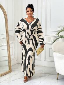 BIUBIU Vestido de mujer talla grande de unicolor con pliegues en la cintura y mangas tipo murciélago, vestimenta exterior con estampado geométrico - Albaricoque - Ver 5