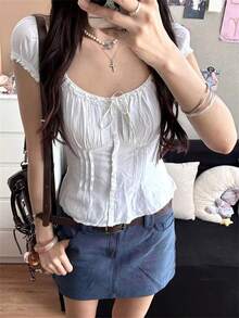 Women Lace Trim Y2k Coquette Shirt Cap Sleeve Button Down Slim Fit Fairy Crop Top For Teen Girls - trắng - Xem 11