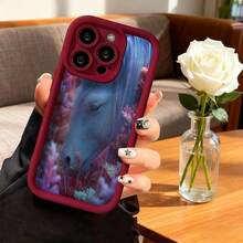 Cubierta de telefono con borde negro diseño de caballo azul con flores coloridas para iPhone 14 Pro Max estilo artístico ideal para uso diario y regalos - Burdeos - Ver 7