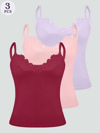 3pcs/Set Women Lace Camisole Tops, Comfortable & Versatile Lace Undershirts, Suitable For Layering Or Outerwear, All Seasons