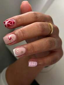 24PCS Short Square False Nails Valentine's Day White French Red Love Nail Art Cute Chrome Alloy Acrylic Press On Nails Gel Nail Art Nail Supplies Art Nail Set (Attached: A Piece Of Jelly Gel And File) Suitable For Women's Daily Dating Party - Multicolor - View 1