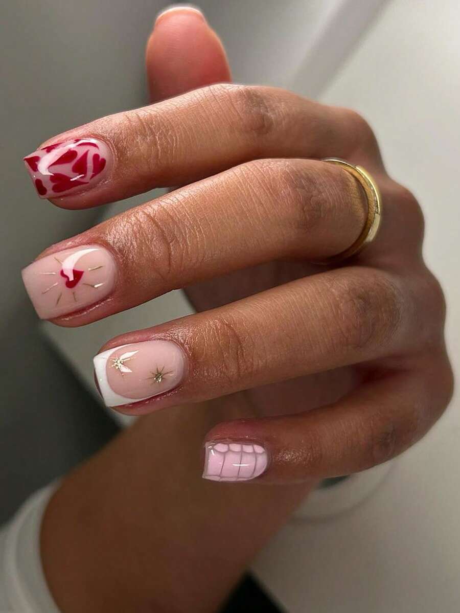 24PCS Short Square False Nails Valentine's Day White French Red Love Nail Art Cute Chrome Alloy Acrylic Press On Nails Gel Nail Art Nail Supplies Art Nail Set (Attached: A Piece Of Jelly Gel And File) Suitable For Women's Daily Dating Party - Multicolor - View 1