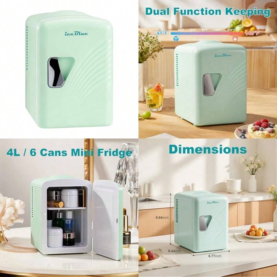 PZW Iceblue Skincare Nevera mini refrigerador retro de 4 l/6 latas para recámara refrigerador de 110 V CA/12 V CC y calentador para coche oficina y recámara nevera de cosméticos para regalos verde2537 - Verde - Ver 1
