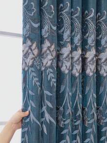 1pc European Palace Style Embroidered Double-Layer Blackout Curtain, Featuring Intricate Floral & Scroll Patterns With Gold Thread Embroidery, Pearl Decorations, Top Hanging Rings, Suitable For Bedroom, Balcony And Decorative Windows - Multicolor - View 5