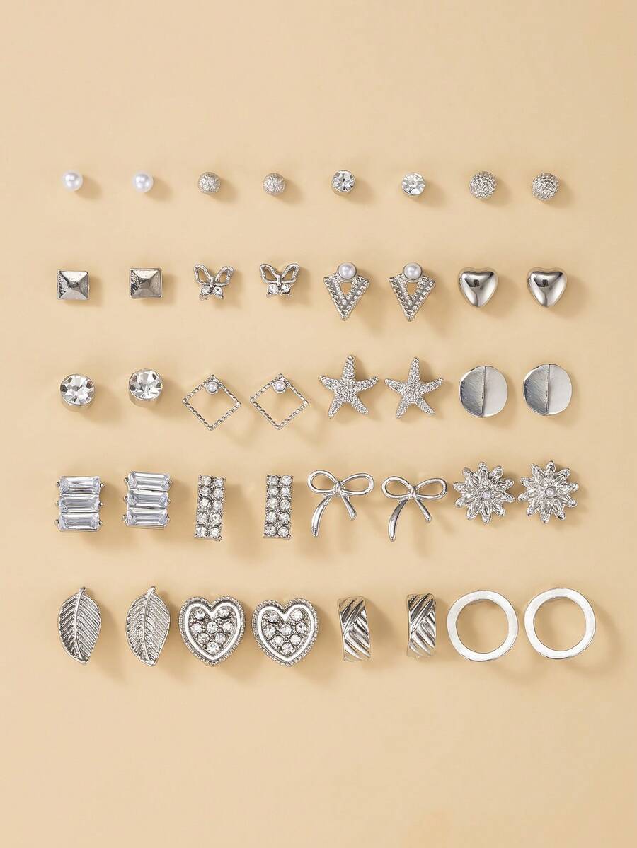 20对镶满水钻的心形蝴蝶结耳钉套装 - 銀色 - 查看 1