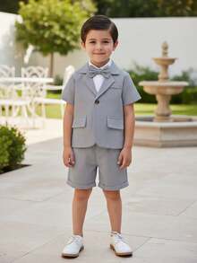 BOARNSEORL 2pcs Young Boys Gentleman Suit - Gray Short Sleeve Blazer With Bow Tie And Gray Shorts, Fashionable, Suitable For Birthday Party, Formal Event, Wedding, Versatile - Grey - View 3