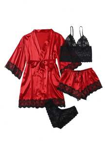 Women's Sexy Satin Lace Lingerie Set – Red Nightwear With Robe , Bralette, Shorts & Panty For Romantic Atmosphere - Đỏ - Xem 9
