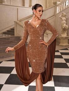 Women's V-Neck Long Sleeve Sequin Patchwork Bodycon Mini Skirt - Brown - View 6