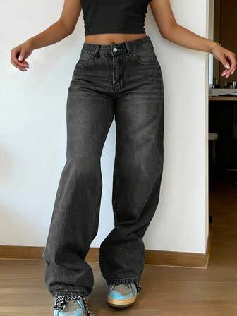 Jeans rectos holgados y apilados de estilo vintage para mujer