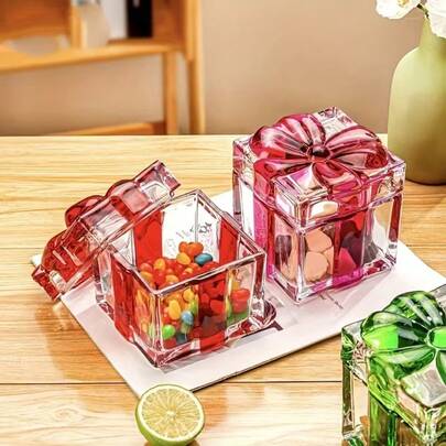 2pcs Crystal Glass Bowknot Candy Jars With Flip Lid - Elegant Square Storage Containers For Nuts, Candies And Sweets | Reusable Glass Jars With Decorative Bowknot Lid | Holiday Home Decor For Christmas, Halloween, Thanksgiving, Valentine's Day!