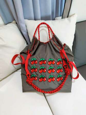 1pc Embroidered Cartoon Cherry Pattern Shopping Bag, Large Capacity Travel Tote Bag, Nylon Crossbody Shoulder Bag, Reusable Drawstring Handbag