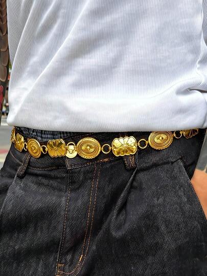 1 pieza Cadena de cintura con patrón floral retro, cinturón de metal personalizado de alta gama para hombres, adecuado para fiestas, ropa urbana y uso diario (el disco de la cadena de cintura se envía al azar)