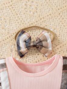Baby Girls Valentine's Day Red Plaid Cute Bow Plaid Patchwork Ruffle Hem Long Sleeve Dress + Bow Hair Scrunchie - Pink - View 10