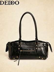 Dedoo Retro-Style Women's Handbag, Underarm Bowling Bag, Large Capacity Commuter Bag, Shoulder Baguette Style, 2025 New Model, Retro-Style Women's Bag With Rivet Design, Zipper And Tassel Charm, Motorcycle Style. - Black - View 2