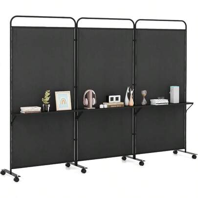 3-Panel Folding Room Divider 188cm Rolling Privacy Screen W/ 3 Metal Shelves Lockable Wheels Portable Wall Divider Separator Freestanding Privacy Protection For Living Room Black