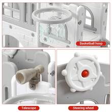 Tobogán 8 en 1 con aro de baloncesto, telescopio, volante, túnel, pelota y espacio de almacenamiento. Ideal para patio, interior y exterior. - Blanco - Ver 8