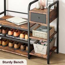 Banco de zapatos para árbol de salón, 5 en 1 para entrada, 8 ganchos resistentes, banco de entrada industrial con cajón de almacenamiento, perchero para departamento, recámara, café - Marrón - Ver 6