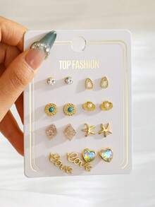 8对甜美百搭时尚花朵蝴蝶水滴形仿珍珠和水钻装饰金属色耳钉套装，适合女孩儿童派对、假期、圣诞节、新年、生日礼物及日常佩戴 - 金色 - 查看 15