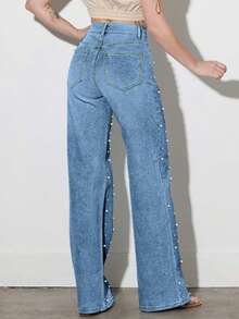 Women's Mid-Waisted Wide Leg Jeans, Vintage Washed Loose Denim Pants With Side Studs, Casual/Workwear - 深藍珍珠款 - 查看 6