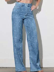 Women's Mid-Waisted Wide Leg Jeans, Vintage Washed Loose Denim Pants With Side Studs, Casual/Workwear - 深藍珍珠款 - 查看 4