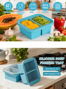 Bandeja de congelador de silicona con tapa, molde para congelar sopa, bandeja de cubitos de hielo de silicona extra grande, recipiente de almacenamiento de alimentos para congelar y almacenar sopas, caldos, salsas y sobras, recipiente reutilizable para preparación de comidas - Multicolor - Ver 3