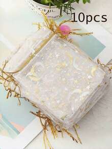 10/20pcs 9*12cm Hot Stamped White Moon And Star Pattern Organza Drawstring Gift Bags, Suitable For Jewelry Storage, Candy, Chocolate Packaging, Birthday, Party Gift Packaging, Home Furnishings - Multicolor - View 11