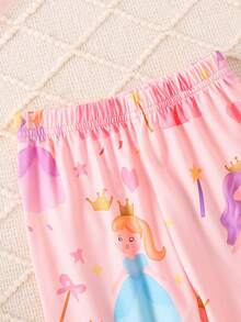 Set de 2 piezas de pijama de niña con estampado de varita mágica de princesa, cuello redondo, manga larga, ropa de dormir infantil, ropa de casa casual y cómoda, primavera/verano - Rosa - Ver 3