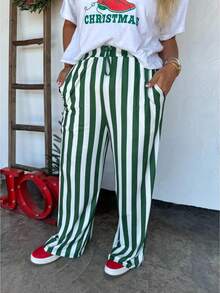 Women Y2k Striped Long Pants Bow Tie Side Slit Wide Leg Lounge Pants Gingham Bottom Plaid Checkered Sweatpants - Grön - Visa 1