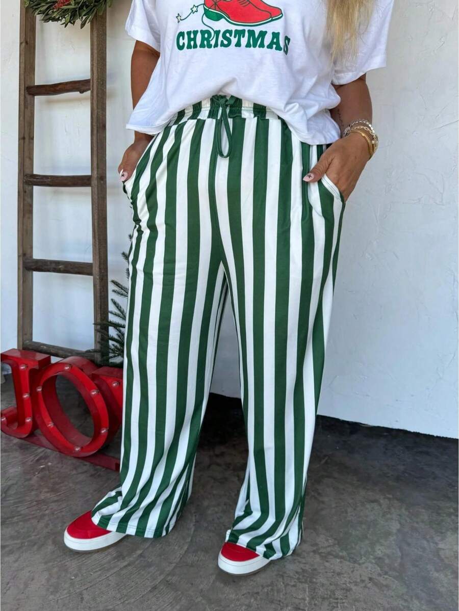 Women Y2k Striped Long Pants Bow Tie Side Slit Wide Leg Lounge Pants Gingham Bottom Plaid Checkered Sweatpants - Grön - Visa 1