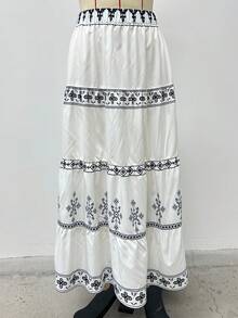 女士通勤时尚印花弹力腰A字裙，舒适 - 白色 - 查看 1