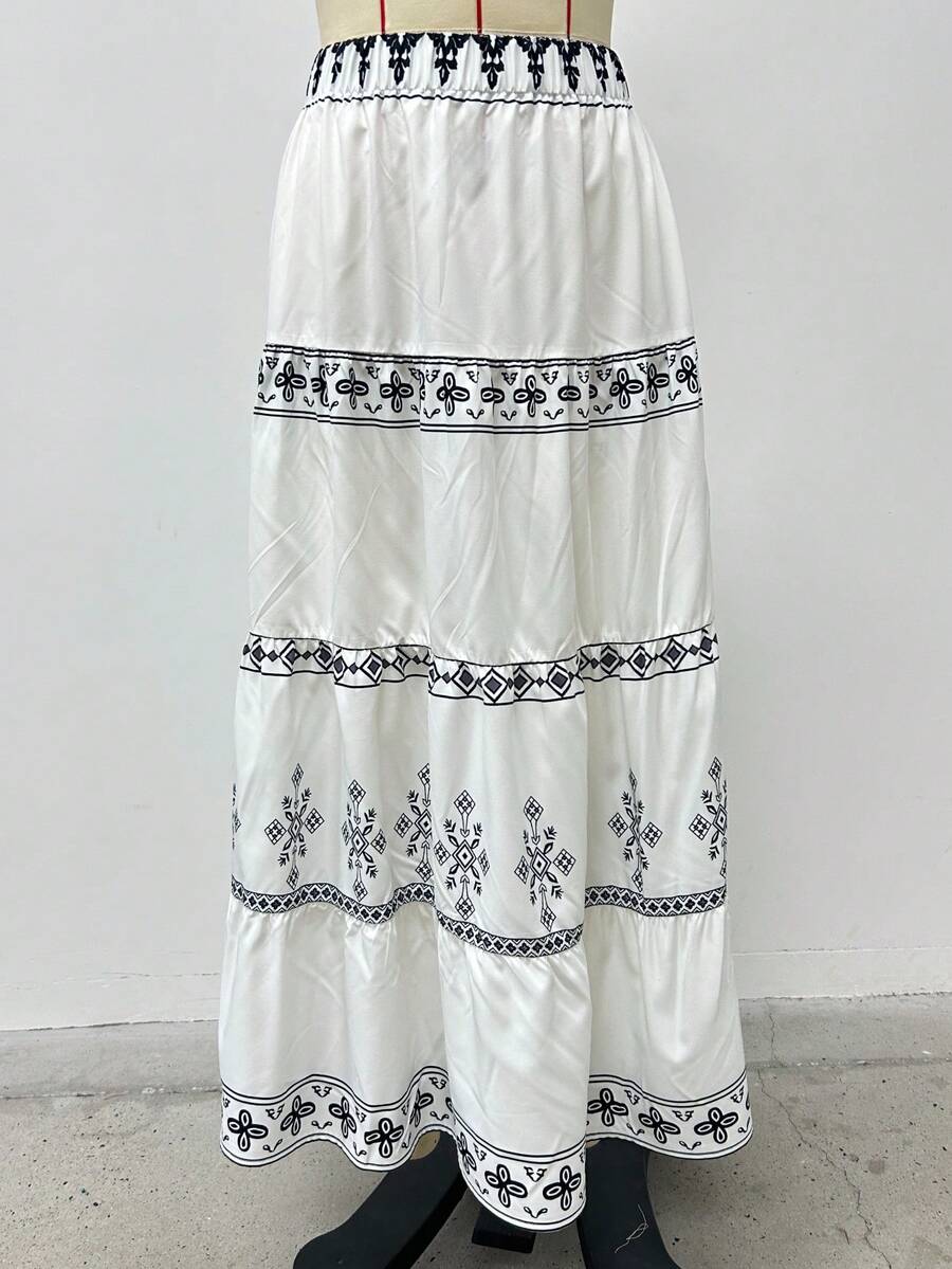 女士通勤时尚印花弹力腰A字裙，舒适 - 白色 - 查看 1