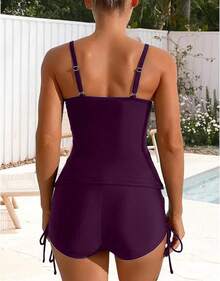 Bikini de Mujer de 2 Piezas Top Tipo Tankini con Shorts Deportivo,Escote en V,Tirantes Ajustables,Abdomen,Traje de Baño para Playa - Morado - Ver 3