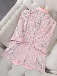 女士浅粉色薄纱西装外套，轻薄夏季休闲办公上衣，短款七分袖春季套装 - 粉色 - 查看 3