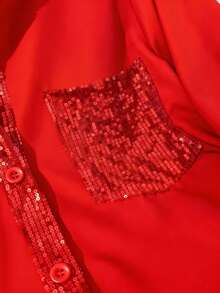 Áo sơ mi dài tay màu đỏ tối giản đính sequin dành cho nữ cỡ lớn, thích hợp mặc hàng ngày, mùa xuân/hè. - Đỏ - Xem 5
