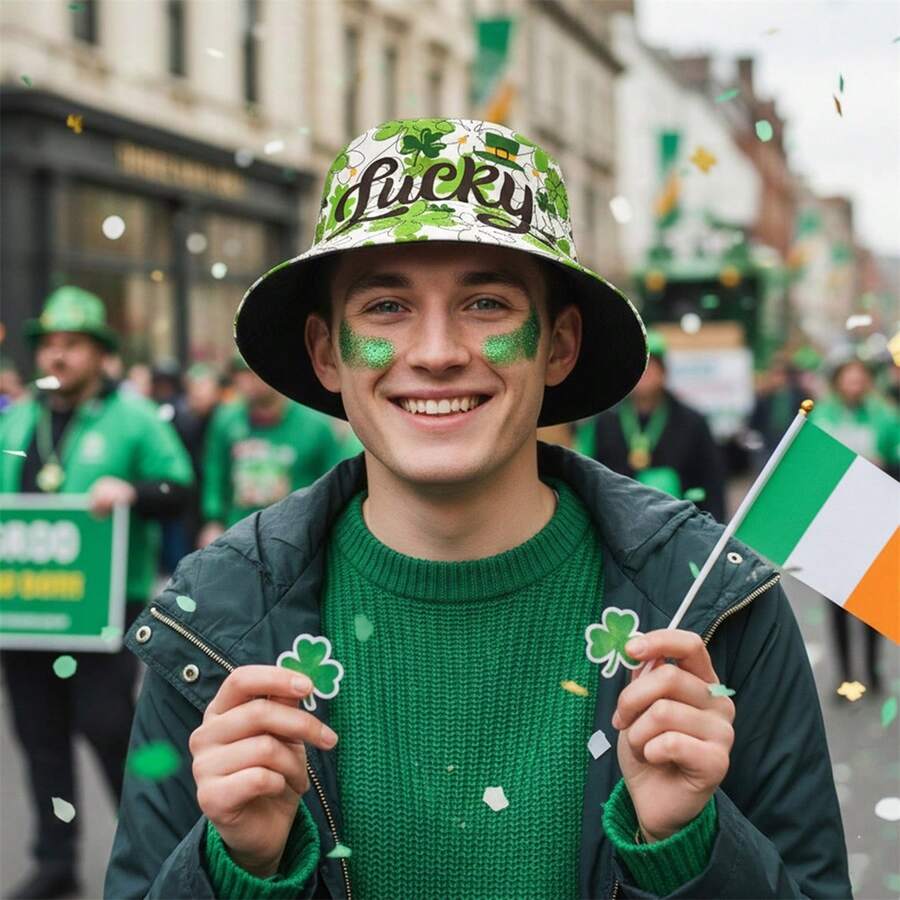 Irish Holiday Hat, Soft Bucket Hat Shamrock Letters Print Party Photo Booth Props, St. Patrick's Shamrock Design - Light Green - View 1