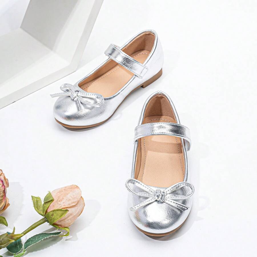 Kids Girls' Comfortable Slip-On-On Round Toe Fashionable Flat Shoes, Anti-Slip & Durable, Gold PU Material - Silver - View 1