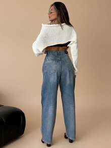 SQUALO 女式蓝色水洗、破洞、做旧效果牛仔裤 街头风格 - 寶藍色 - 查看 3