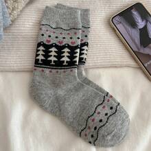2 Pairs Of Simple And Fashionable Mid Tube Socks, Fel Island Socks, Women's Plush Thick Autumn And Winter Christmas Tree Stockings, Retro Pile Socks, Warm Socks - 淺灰 - 查看 12