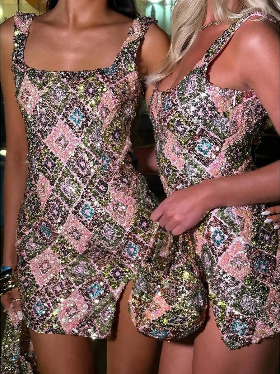 Women's Summer Sequin Dress Diamond Pattern Square Collar Shift Backless Hip Wrap Cocktail Disco Outfit Party Club Night Out Mini Dresses Vestidos De Fiesta Elegantes - 淺粉色 - 查看 1