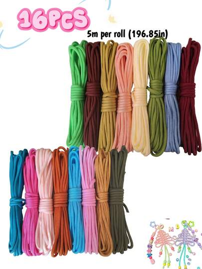 パラコード 16本セット 5m 7芯 直径4mm、アウトドアアンブレラロープ DIYブレスレット、ネックレス、非常用、キャンプ、結び目、洗濯ロープ